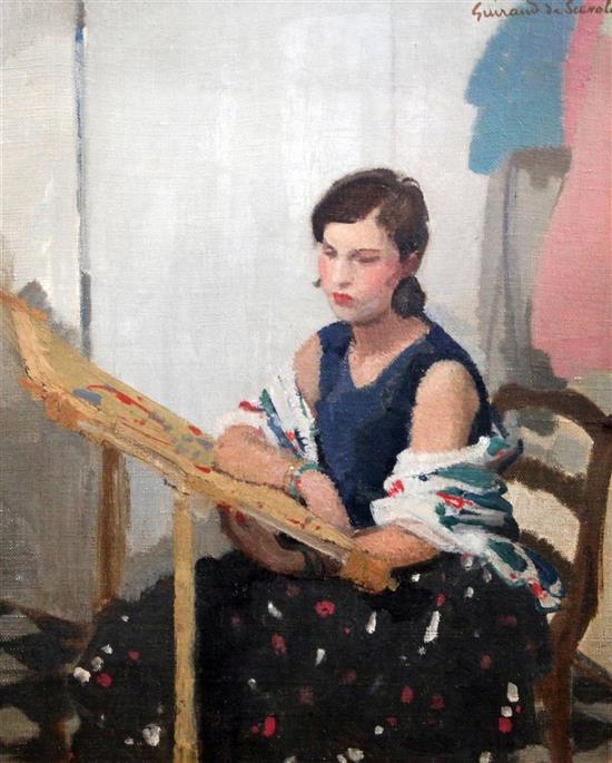 § Lucien-Victor Guirand de Scévola (1871-1950) Spanish woman seated at a tapestry loom 18 x 15in.